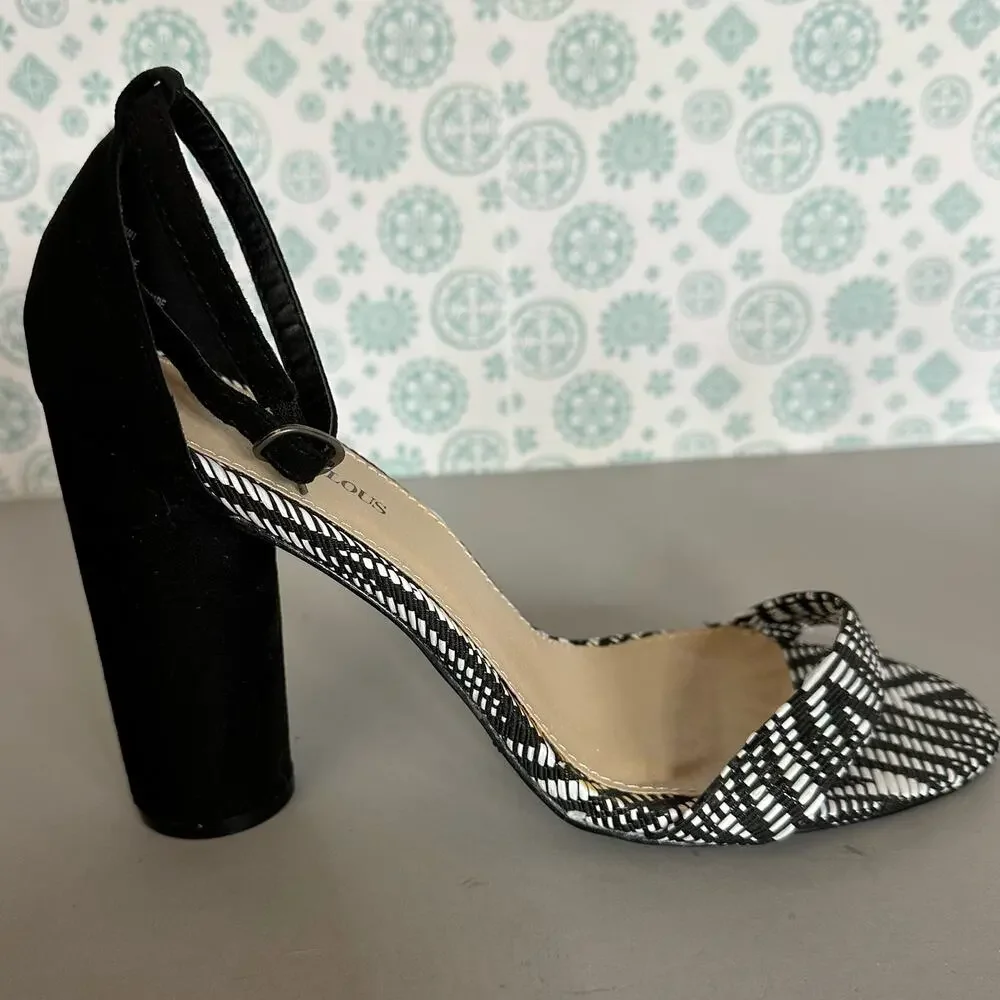 JustFab Womens Black White Woven Block Heel Ankle Strap Sandals Open Toe 10 - Picture 6 of 12